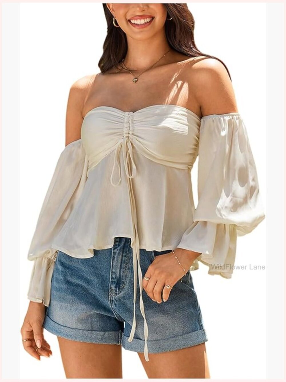 Summer Off Shoulder Babydoll Top Long Sleeve Ruched Blouse Vacation